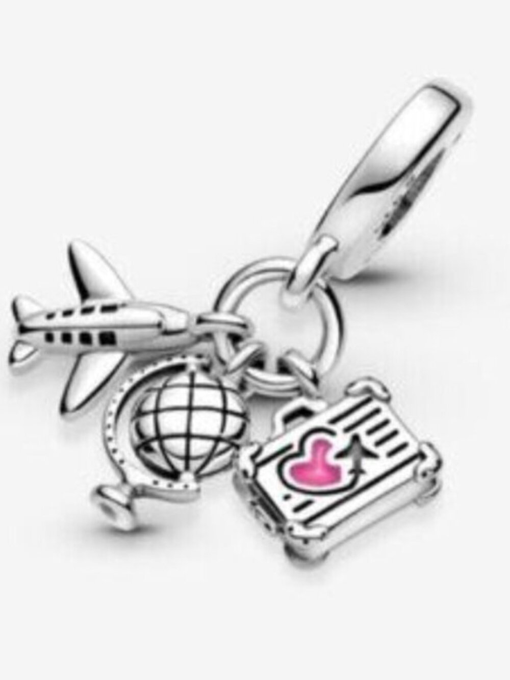 Pandora Silver Travel Dangle Charm with Pink Heart Accent